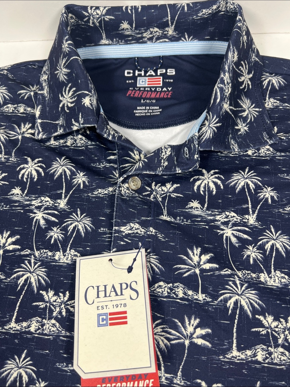 Chaps Navy and White Palm-Print Performance Polo